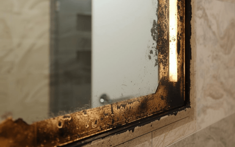 Bathroom mirror in Dubai showing black edges due to moisture damage and corrosion
