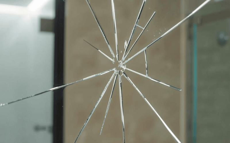 Cracked bathroom mirror in Dubai home showing hairline fractures and safety concern