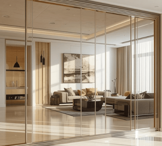 Modern frameless glass mirror in Dubai home interior reflecting sunlight and bright living space