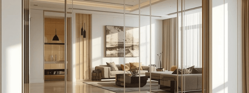 Modern frameless glass mirror in Dubai home interior reflecting sunlight and bright living space