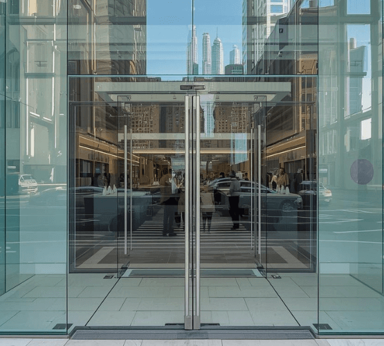Modern retail storefront in Dubai with clear tempered glass façade
