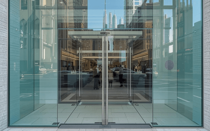 Modern retail storefront in Dubai with clear tempered glass façade